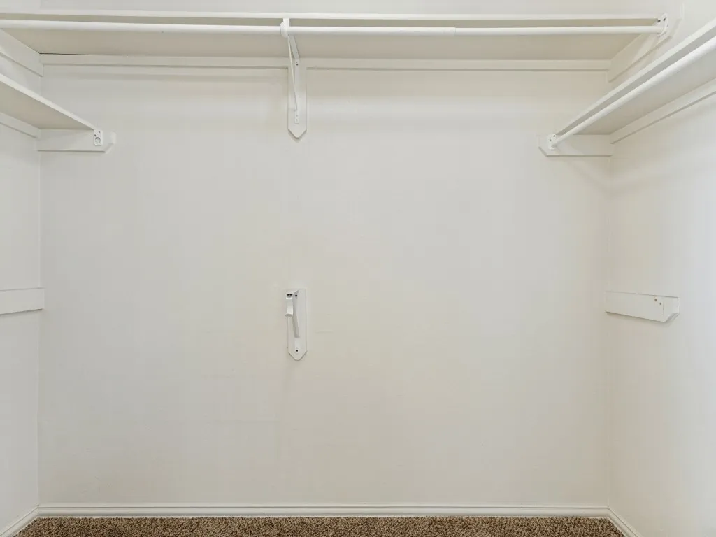 Built-in shelving, two clothing rods, and carpet flooring