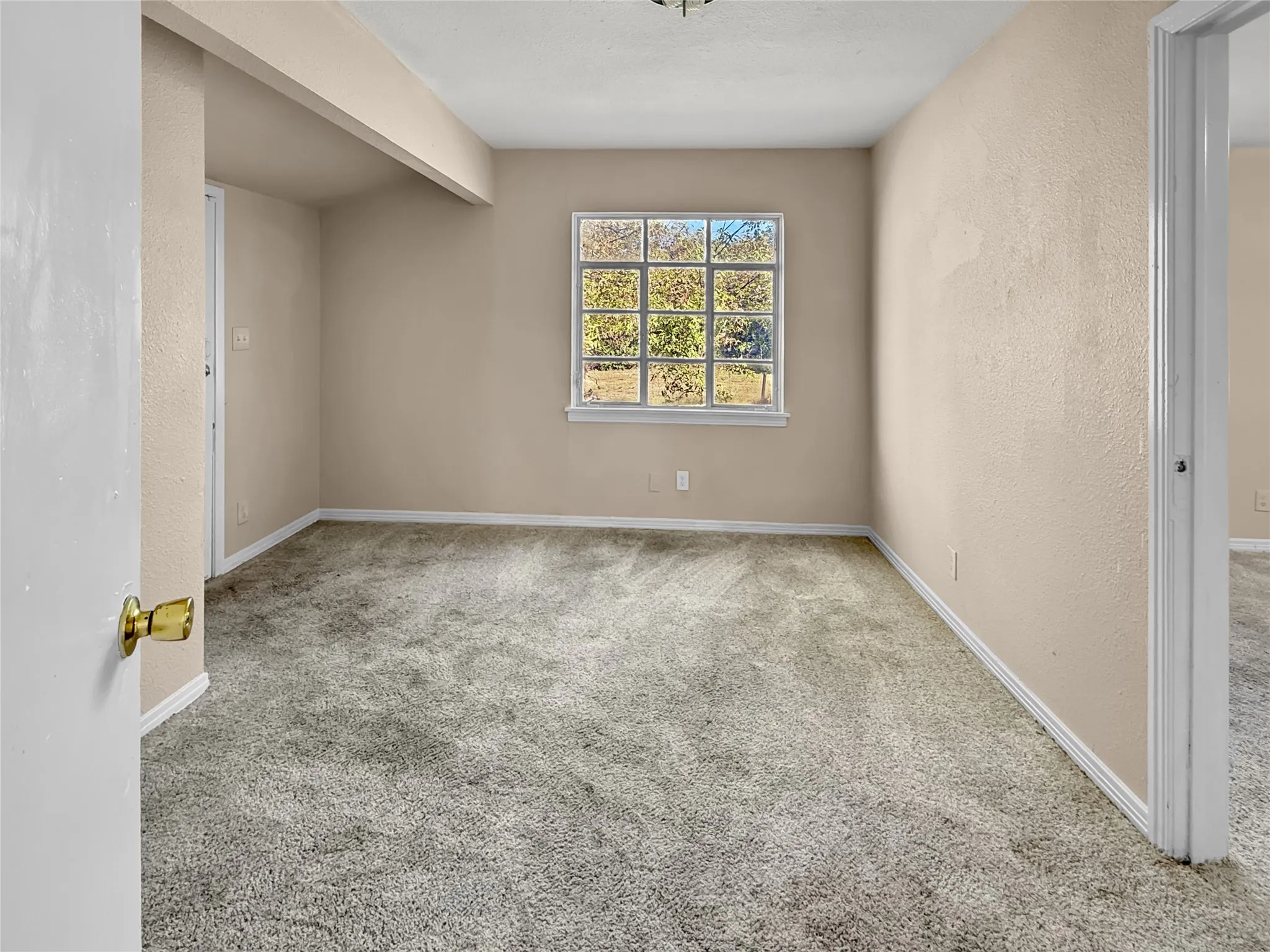 Carpeted interior with neutral wall finishes and a multi-pane window