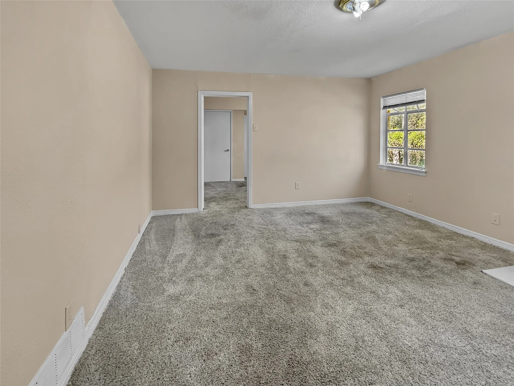 Window with natural light, neutral wall colors, carpeted flooring, white trim, and a ceiling-mounted light fixture