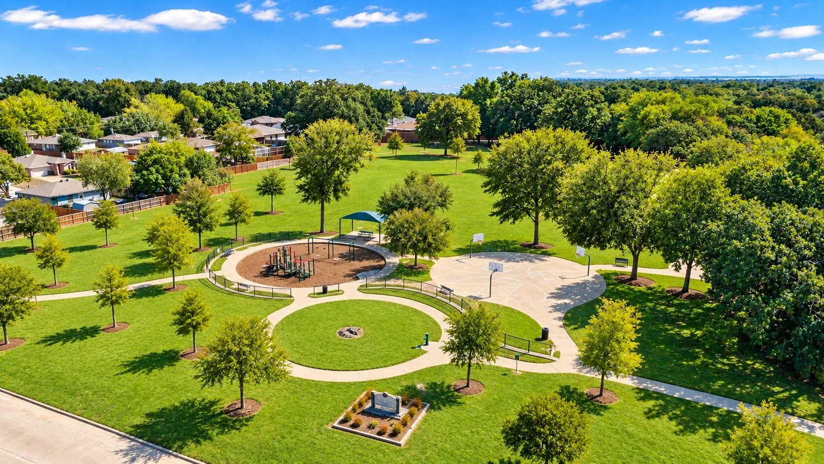 Green park space featuring a playground, basketball court, walking paths, and mature trees