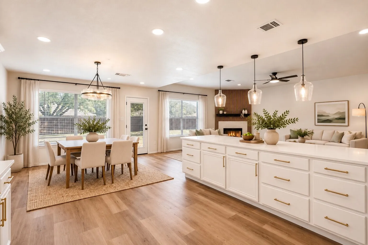 Expansive open-concept living space with wood-finish flooring, a large kitchen island with white cabinetry and gold-tone hardware, and recessed lighting