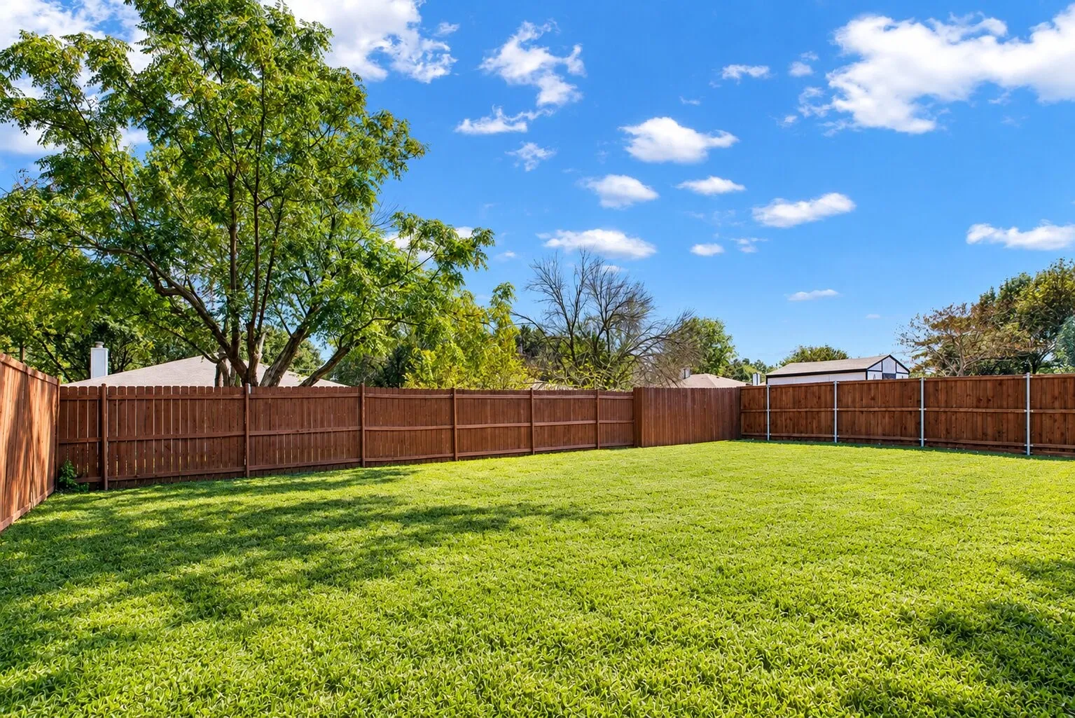 Expansive lawn area with a full privacy fence and mature trees