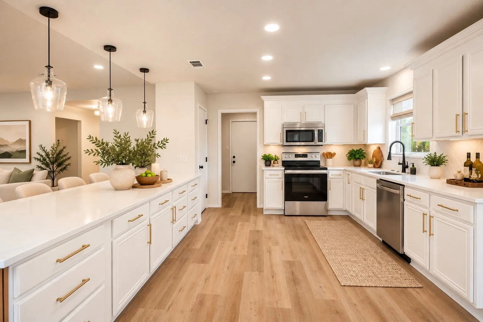 White cabinetry with gold-tone hardware, stainless steel appliances, wood-finish flooring, recessed lighting, and a white countertop island