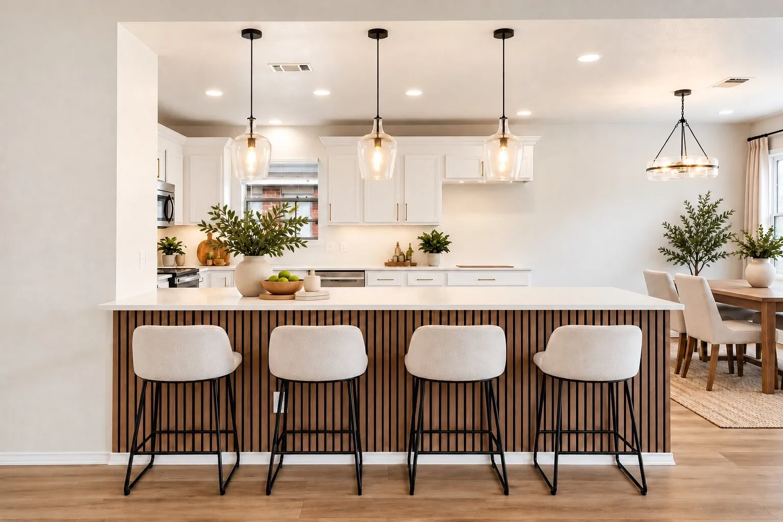 Kitchen island with a white countertop and wood-paneled base