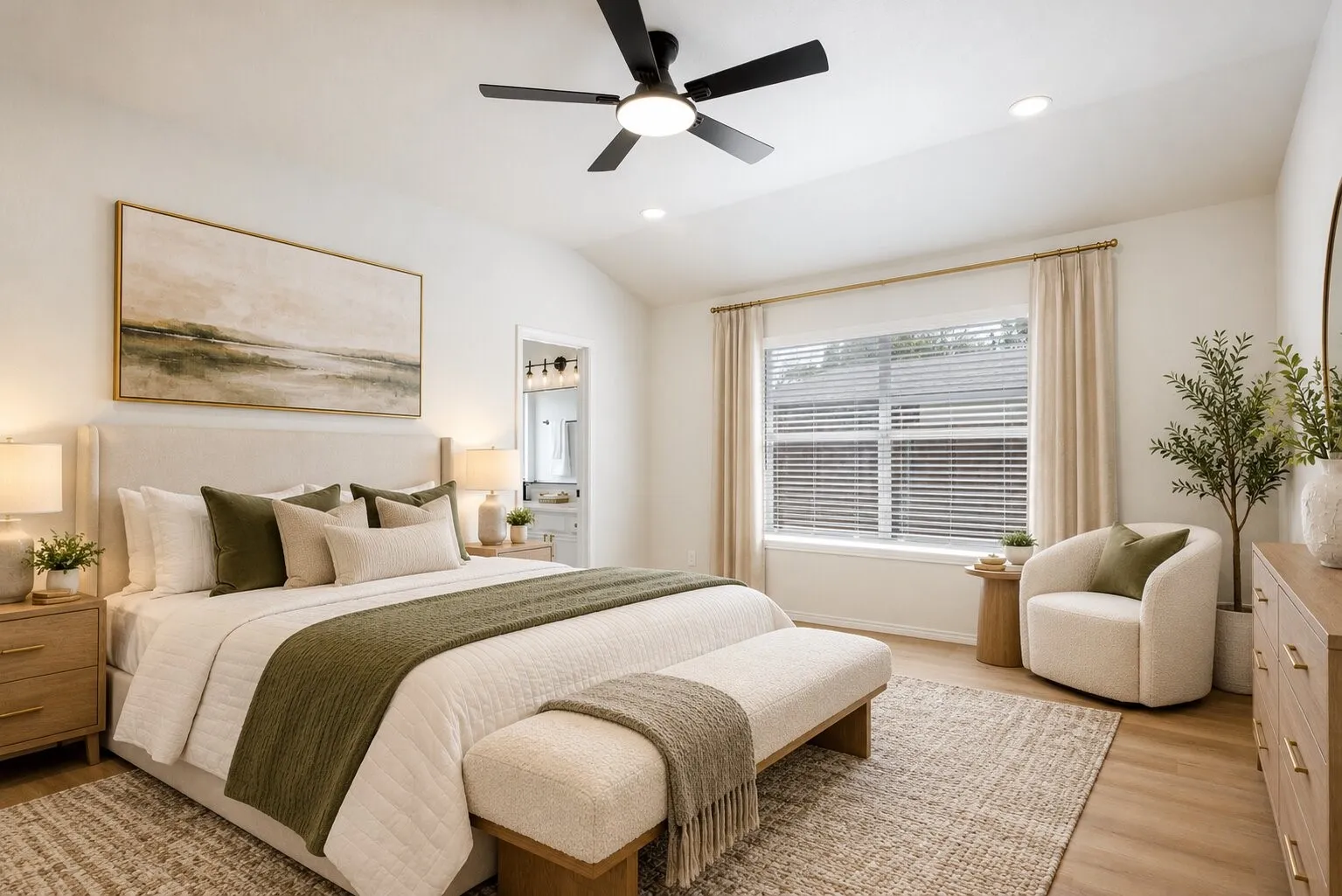 Vaulted ceiling with a ceiling fan, recessed lighting, wood-finish flooring, and a large window with blinds and drapes