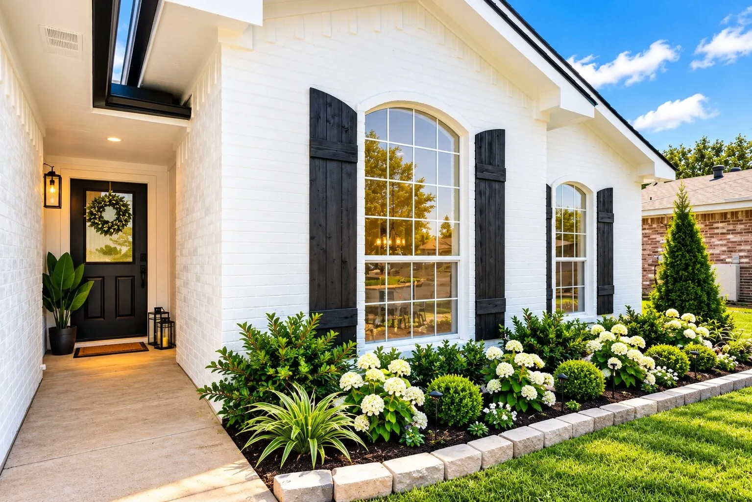 White brick exterior with black shutters, arched windows, and a black front door