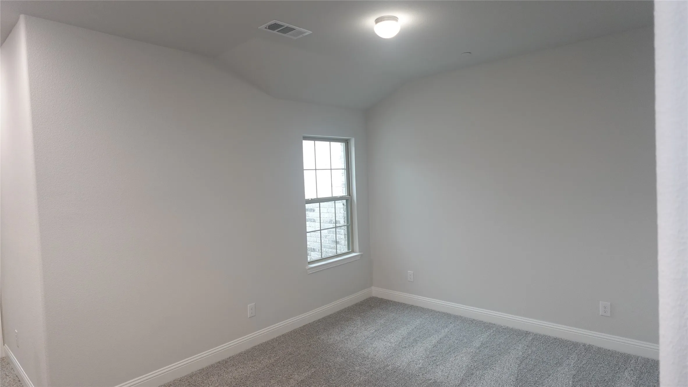 Neutral wall paint, ceiling-mounted light fixture, single window, and gray carpet flooring