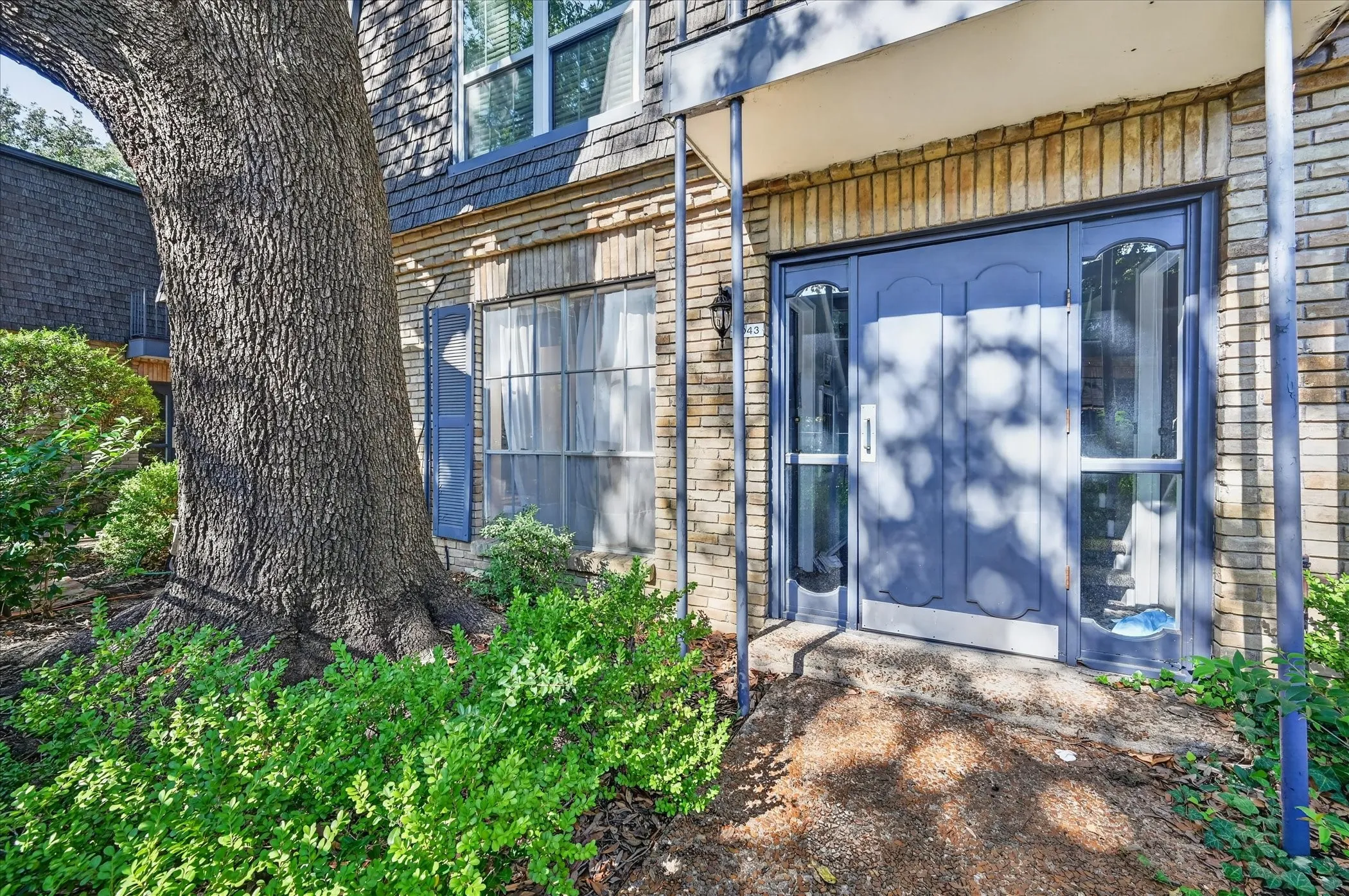 Condo Entry through the pool area. Brick exterior with a prominent mature tree, blue paneled entry door, sidelight windows, and decorative blue shutters