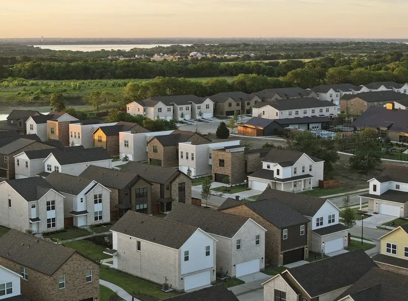 Aerial view at dusk of a residential view
