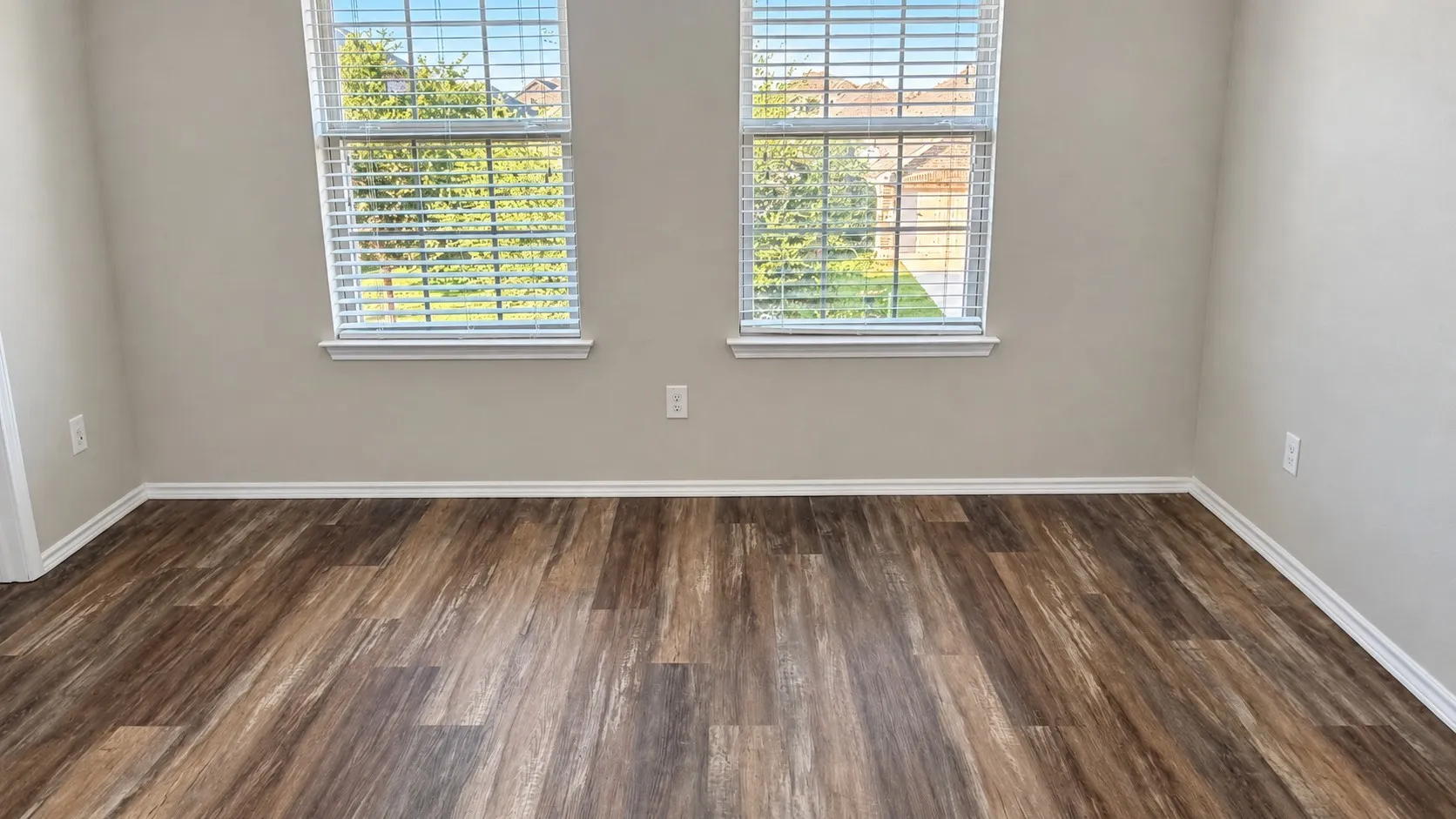 Wood-finish flooring with white trim