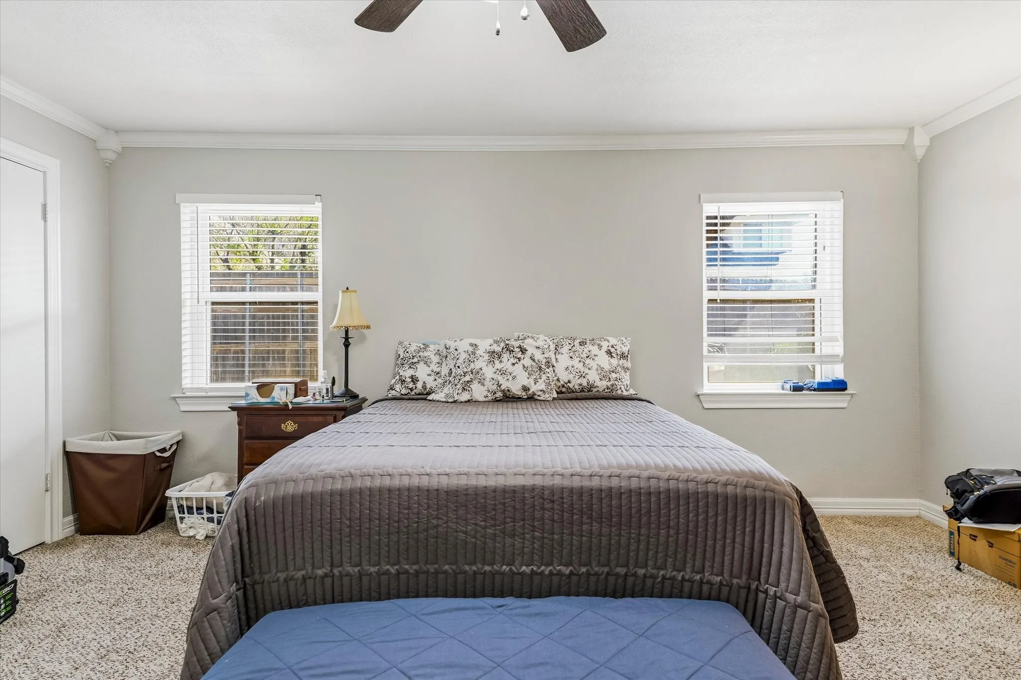 Light gray painted walls with white crown molding