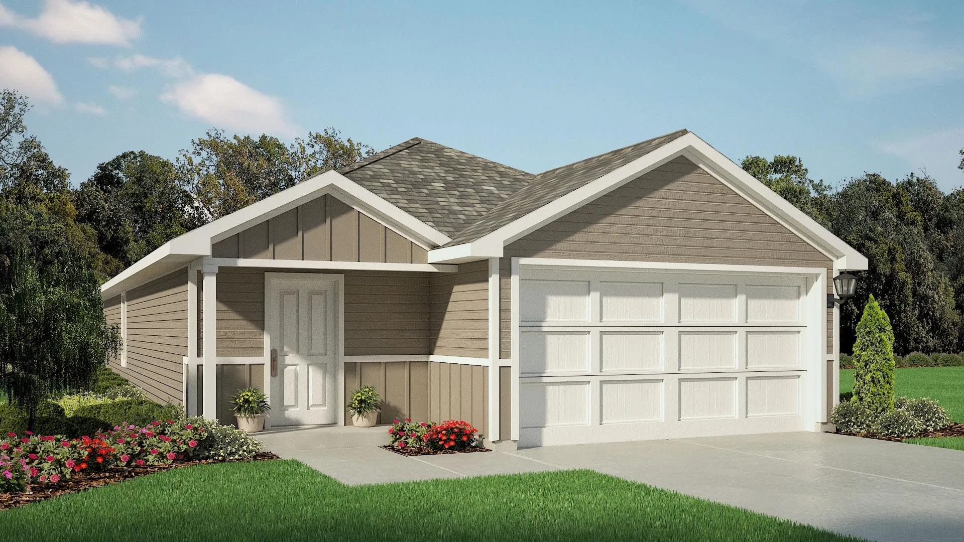 Front Elevation - D.R. Horton's Caprock floor plan elevation X-All Home and community information, including pricing, included features, terms, availability and amenities, are subject to change at any time without notice or obligation. All Drawings, pictures, photographs, video, square footages, floor plans, elevations, features, colors and sizes are approximate for illustration purposes only and will vary from the homes as built.