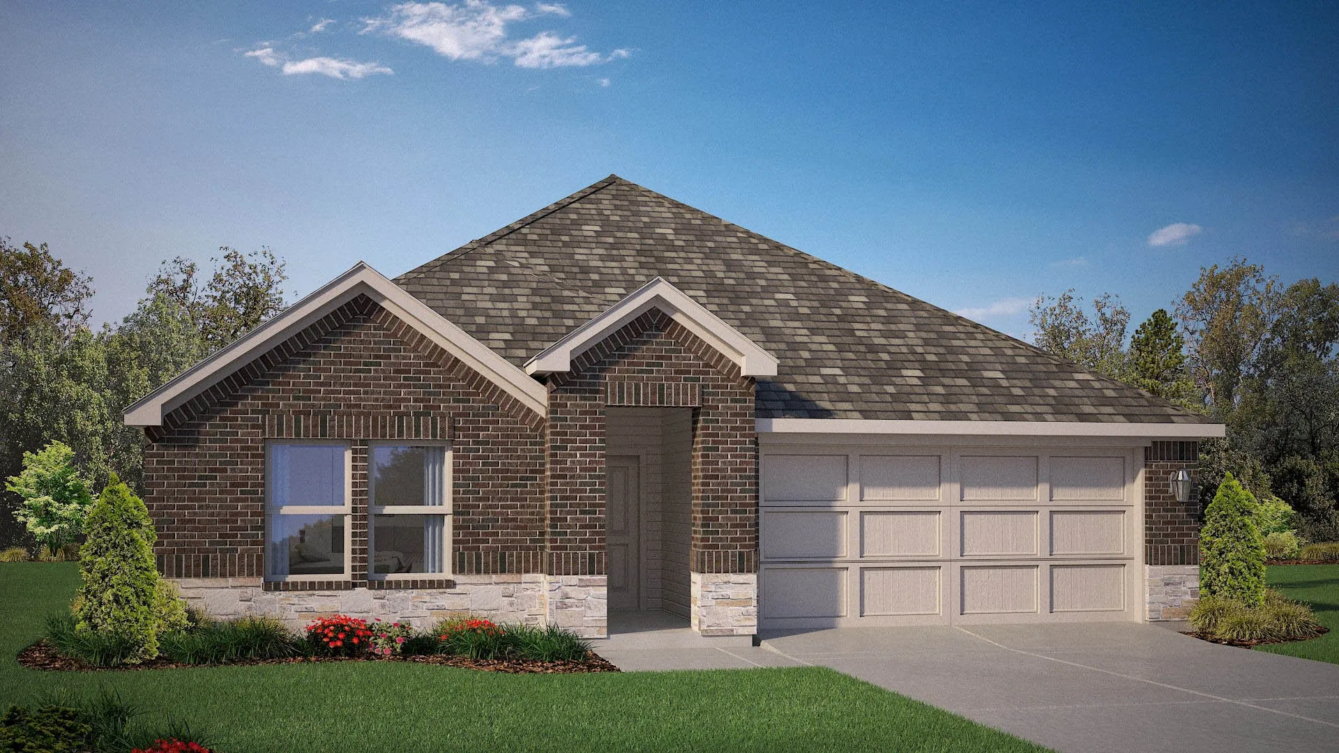 Front Elevation - D.R. Horton's Texas Cali floor plan Elevation G - All Home and community information, including pricing, included features, terms, availability and amenities, are subject to change at any time without notice or obligation. All Drawings, pictures, photographs, video, square footages, floor plans, elevations, features, colors and sizes are approximate for illustration purposes only and will vary from the homes as built.