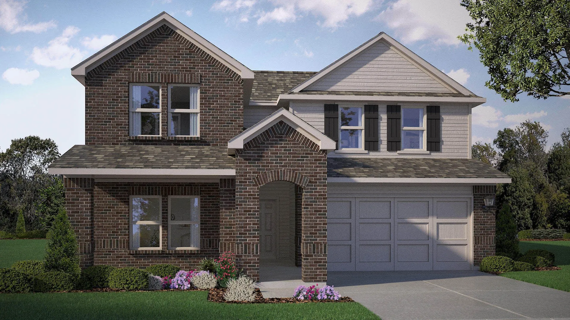 Front Elevation - D.R. Horton's Ozark floor plan Elevation H - All Home and community information, including pricing, included features, terms, availability and amenities, are subject to change at any time without notice or obligation. All Drawings, pictures, photographs, video, square footages, floor plans, elevations, features, colors and sizes are approximate for illustration purposes only and will vary from the homes as built.