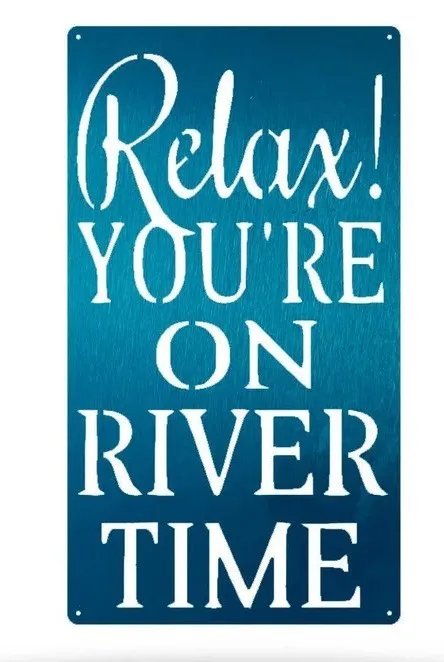 Decorative Sign. Displaying text in a stencil font on a blue background