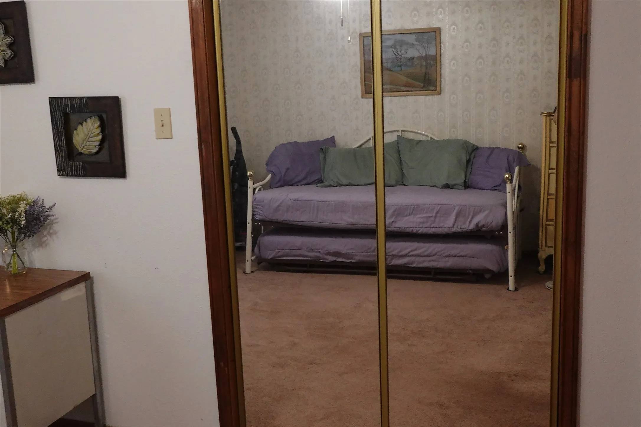 Mirrored closet doors with wood-finish framing