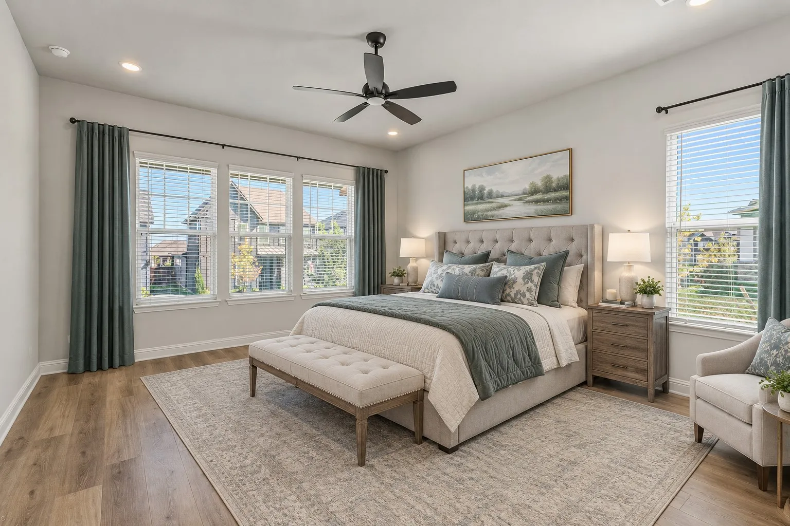 Recessed lighting, wood-finish flooring, and a ceiling fan with light
