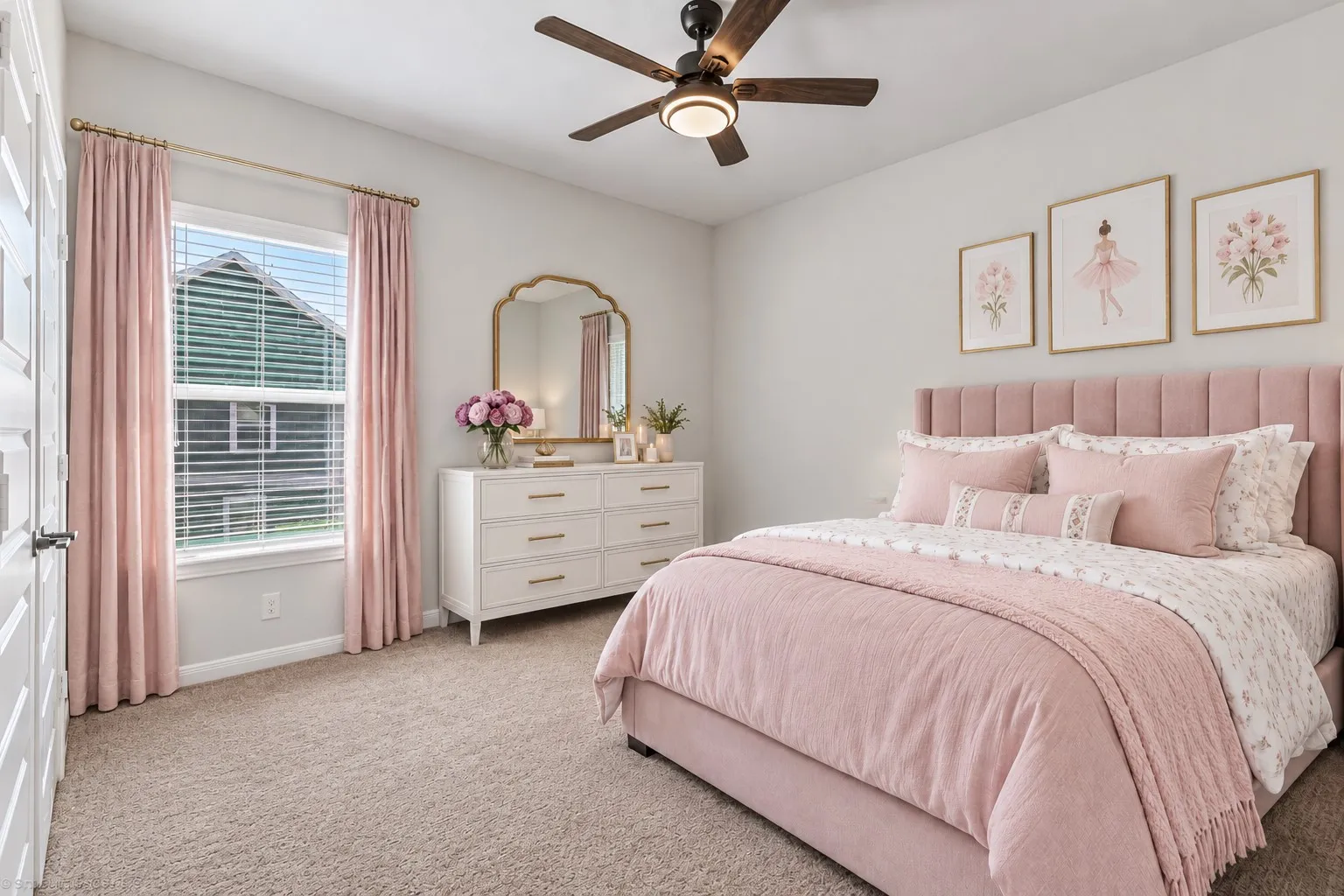 Recessed lighting, ceiling fan with integrated lighting, window with blinds, carpeted flooring, and a paneled door
