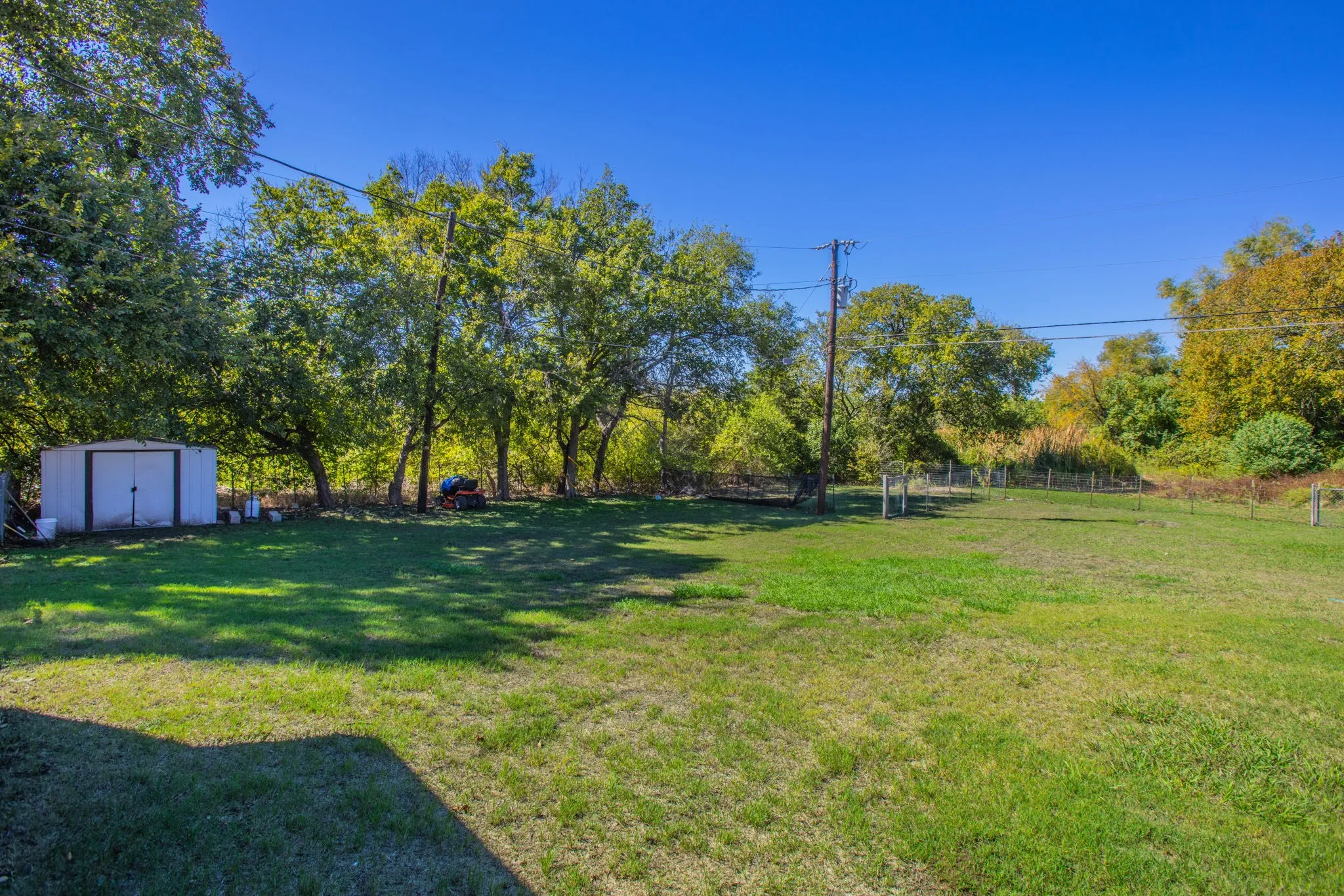 Expansive grass lawn with mature trees and a dedicated storage shed