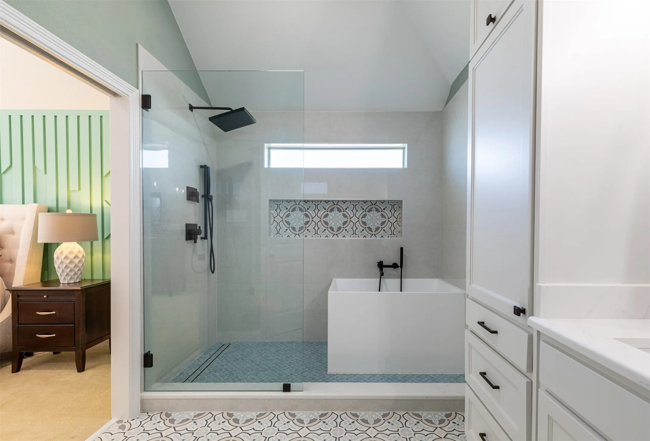 Impressive shower with soaking tub.