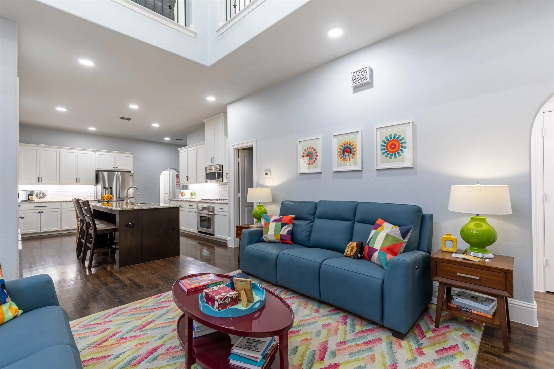 Living room with soaring ceilings.