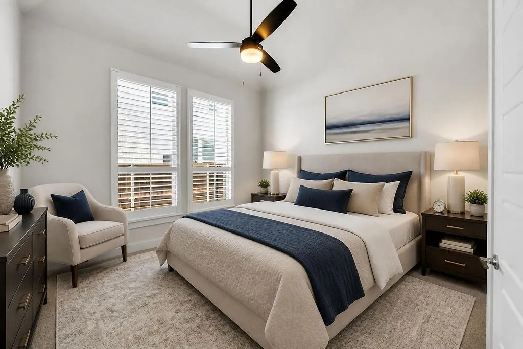 Two windows with plantation shutters, a ceiling fan with integrated lighting, and neutral wall finishes
