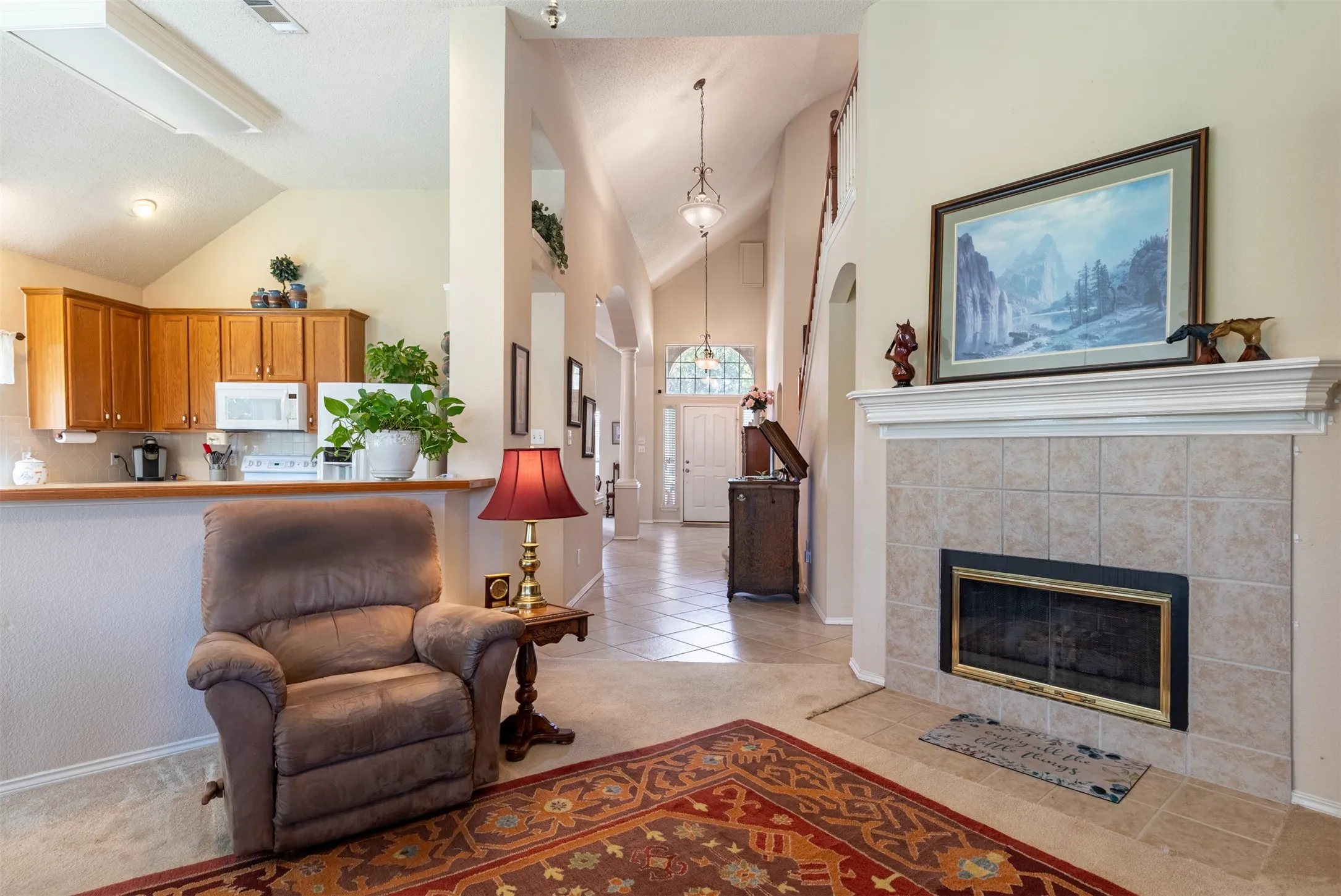 Living room with cozy fireplace.
