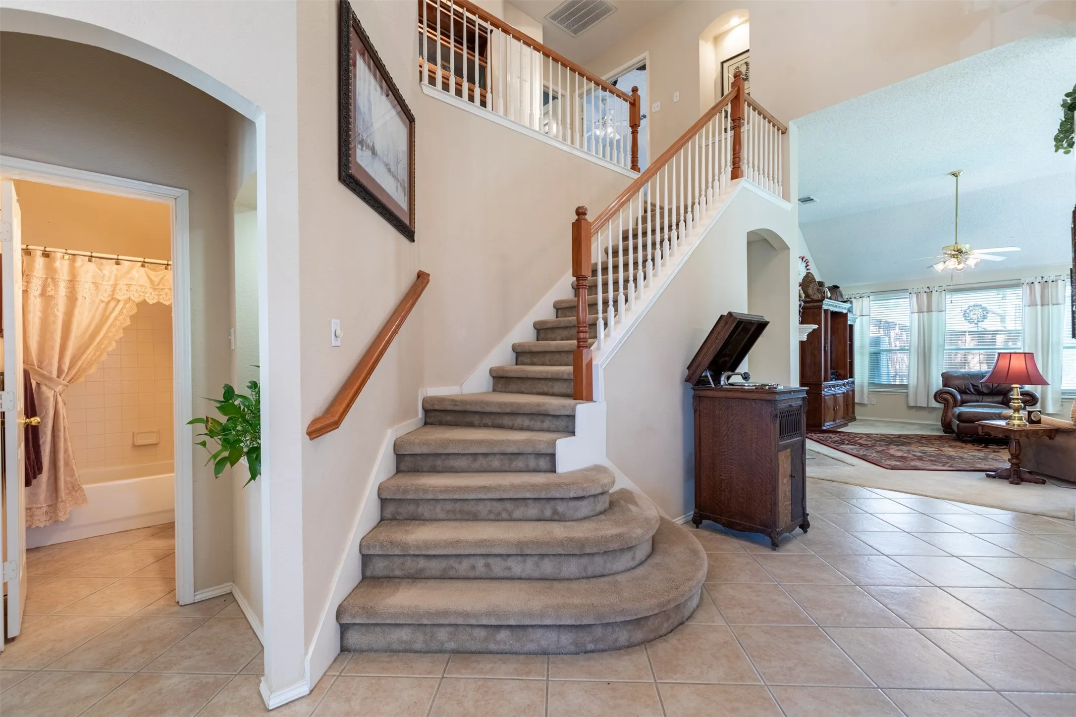 Staircase with balcony.