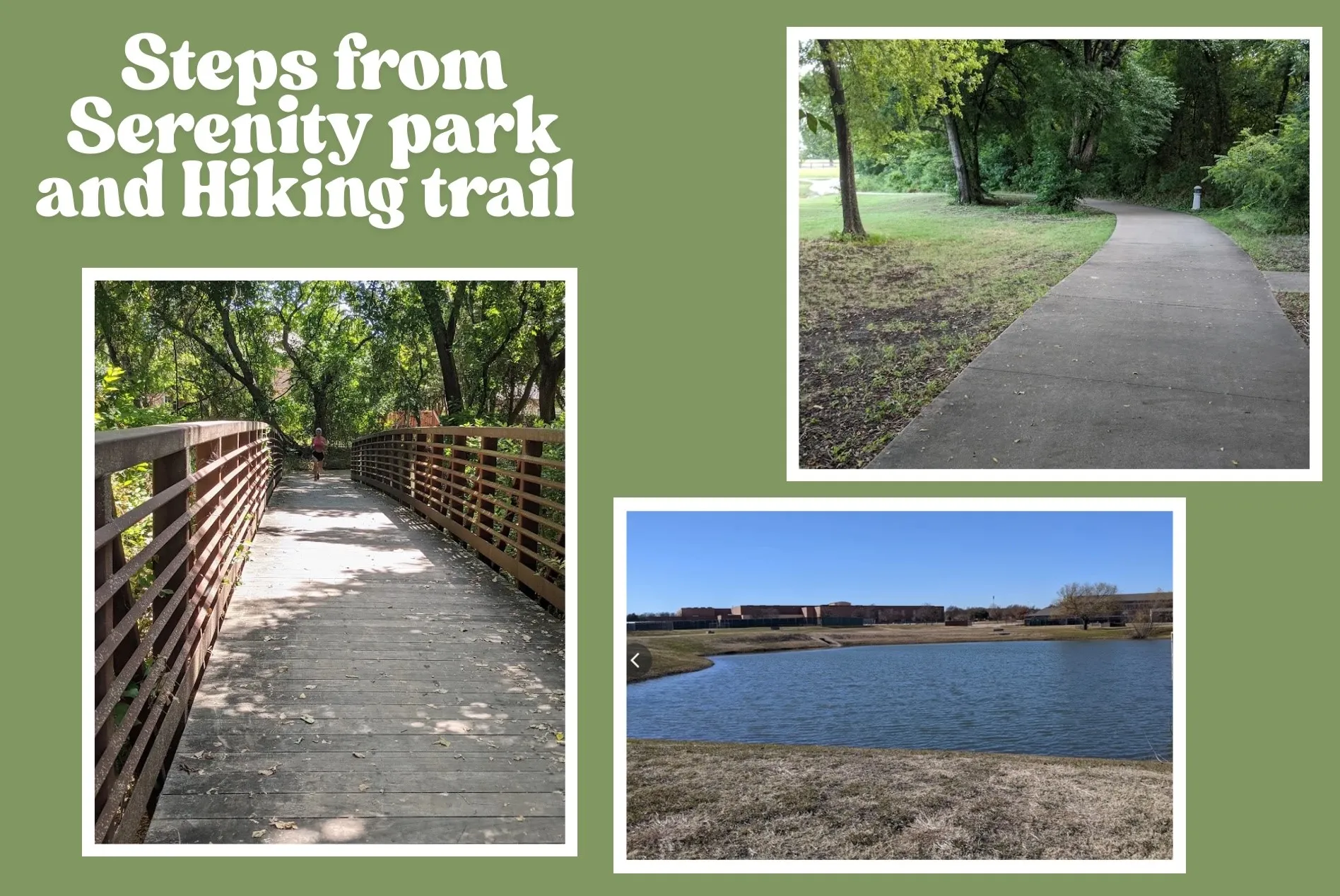 Marketing Collateral. Illustrating the proximity of the property to a park and hiking trail, including a bridge and a body of water