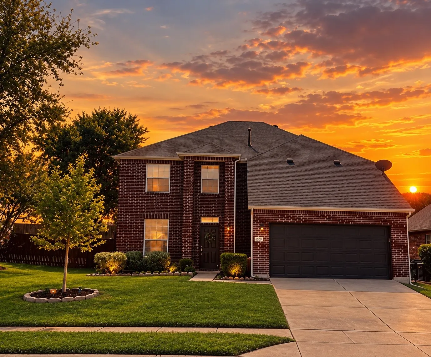 Brick exterior with a dark roof and a two-car garage