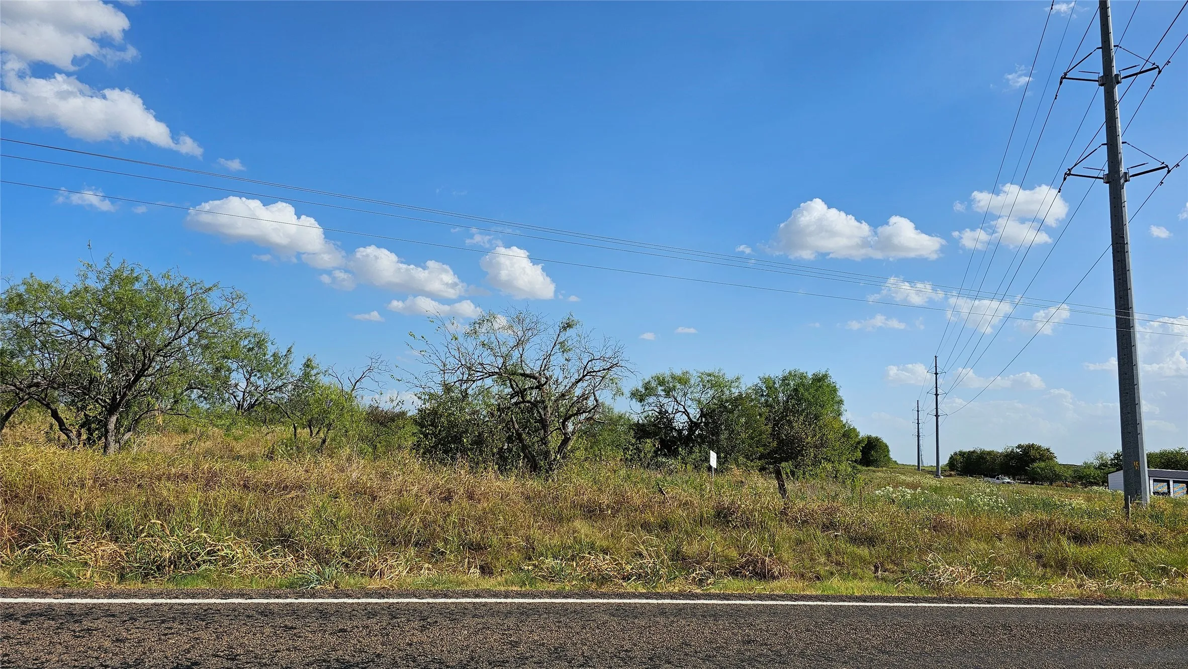 View from the road looking southeast; boundary post approximately 20 feet left of the electric pole.