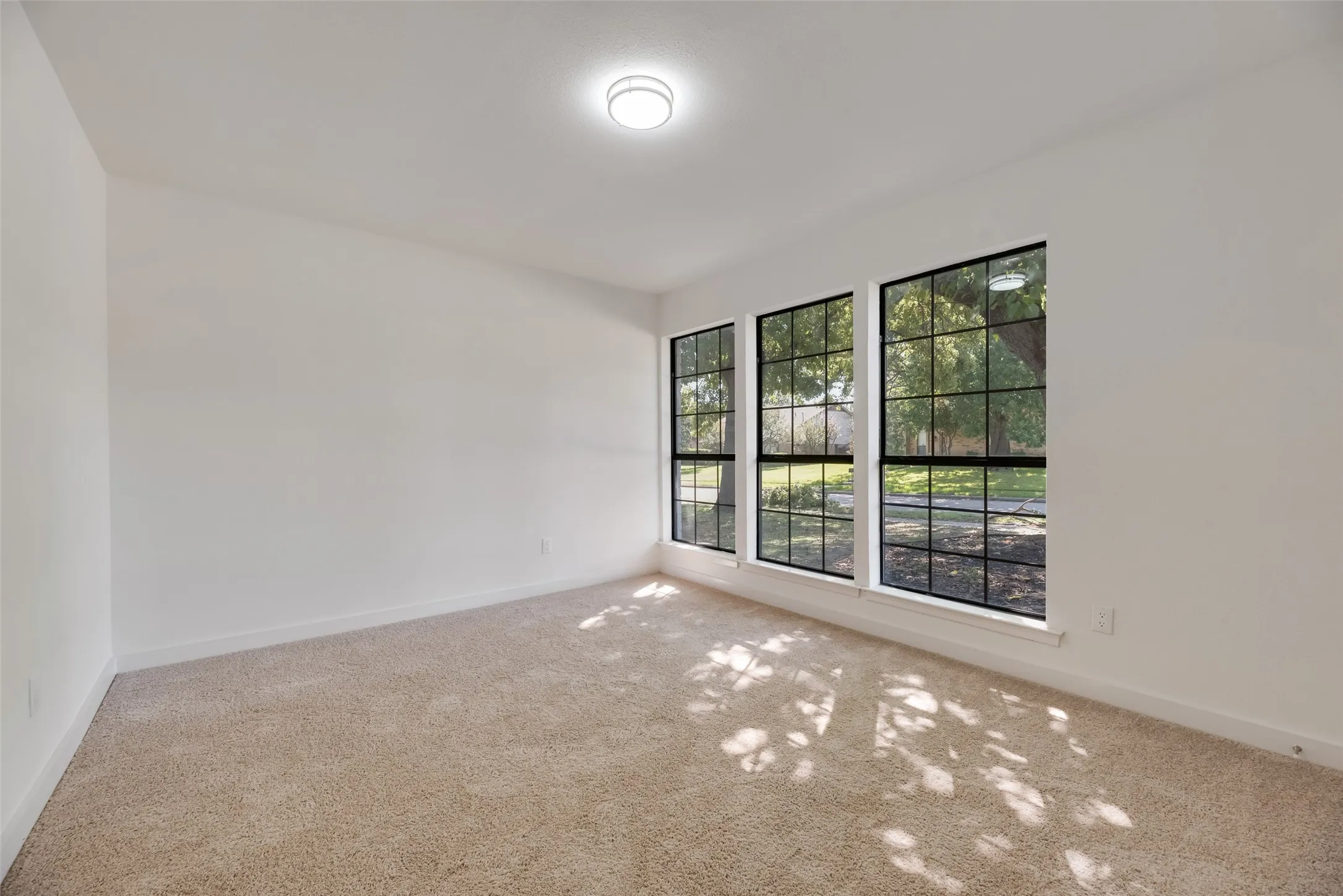 Neutral wall finishes, plush carpet flooring, three large windows, and a flush-mount ceiling light