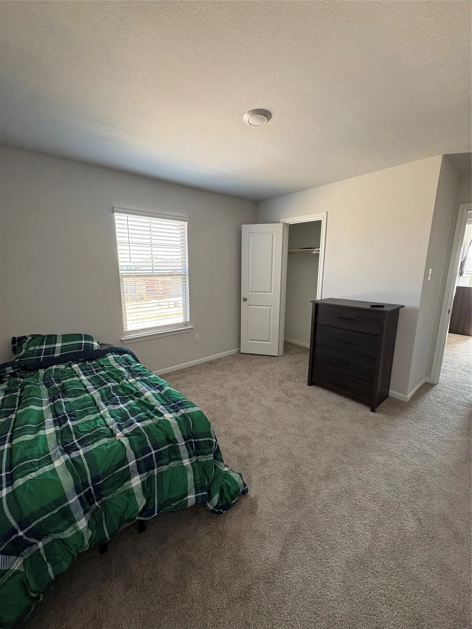 Recessed ceiling light, neutral wall paint, window with blinds, carpeted flooring, and a closet with a solid core door