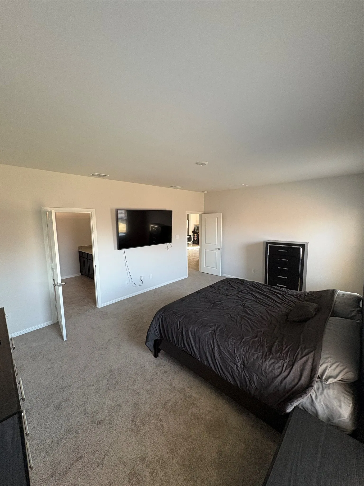 Carpeted flooring, recessed lighting, and white interior doors