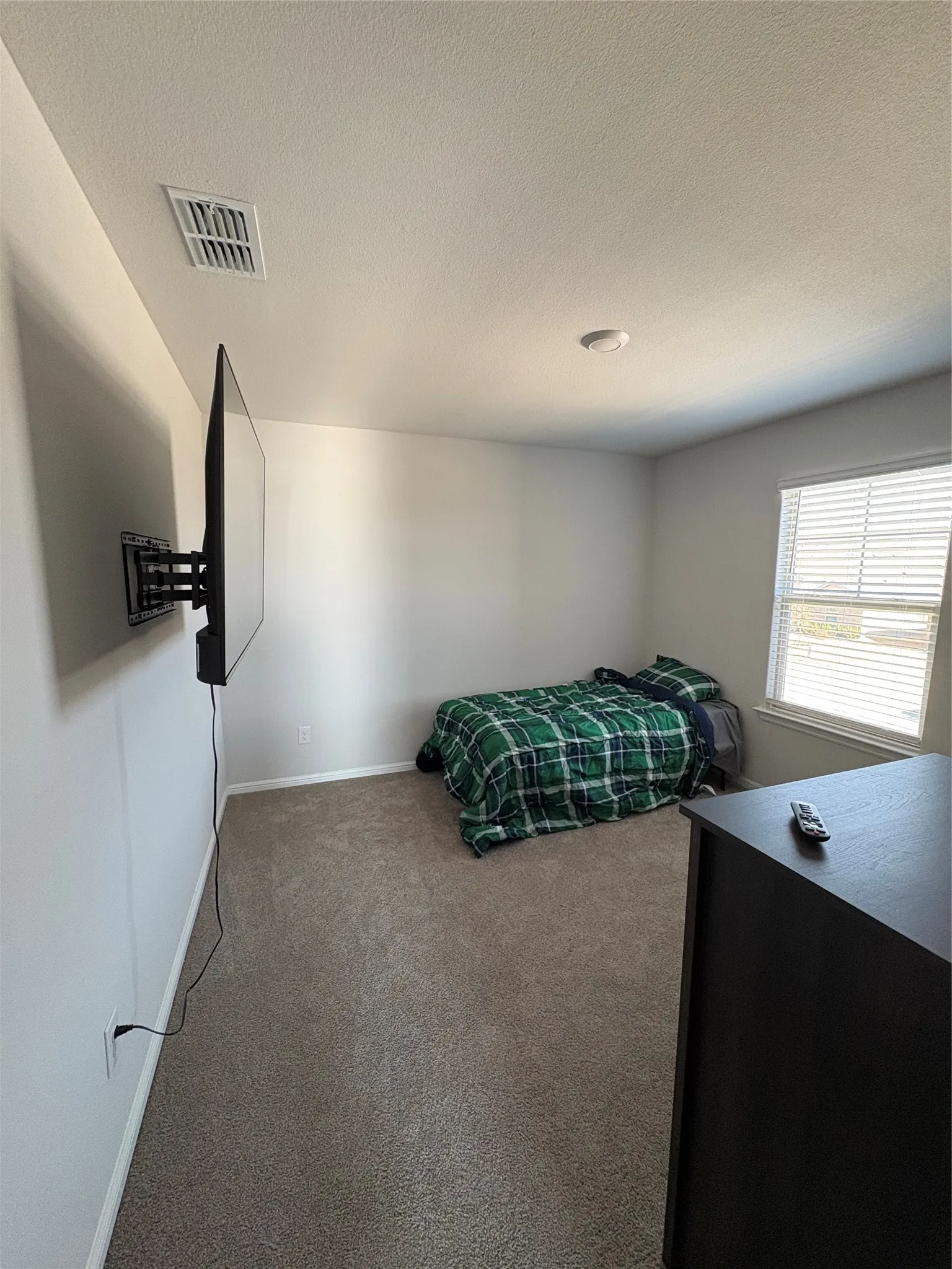 Carpeted flooring, window with blinds, ceiling-mounted light fixture, wall-mounted display, and ceiling air vent