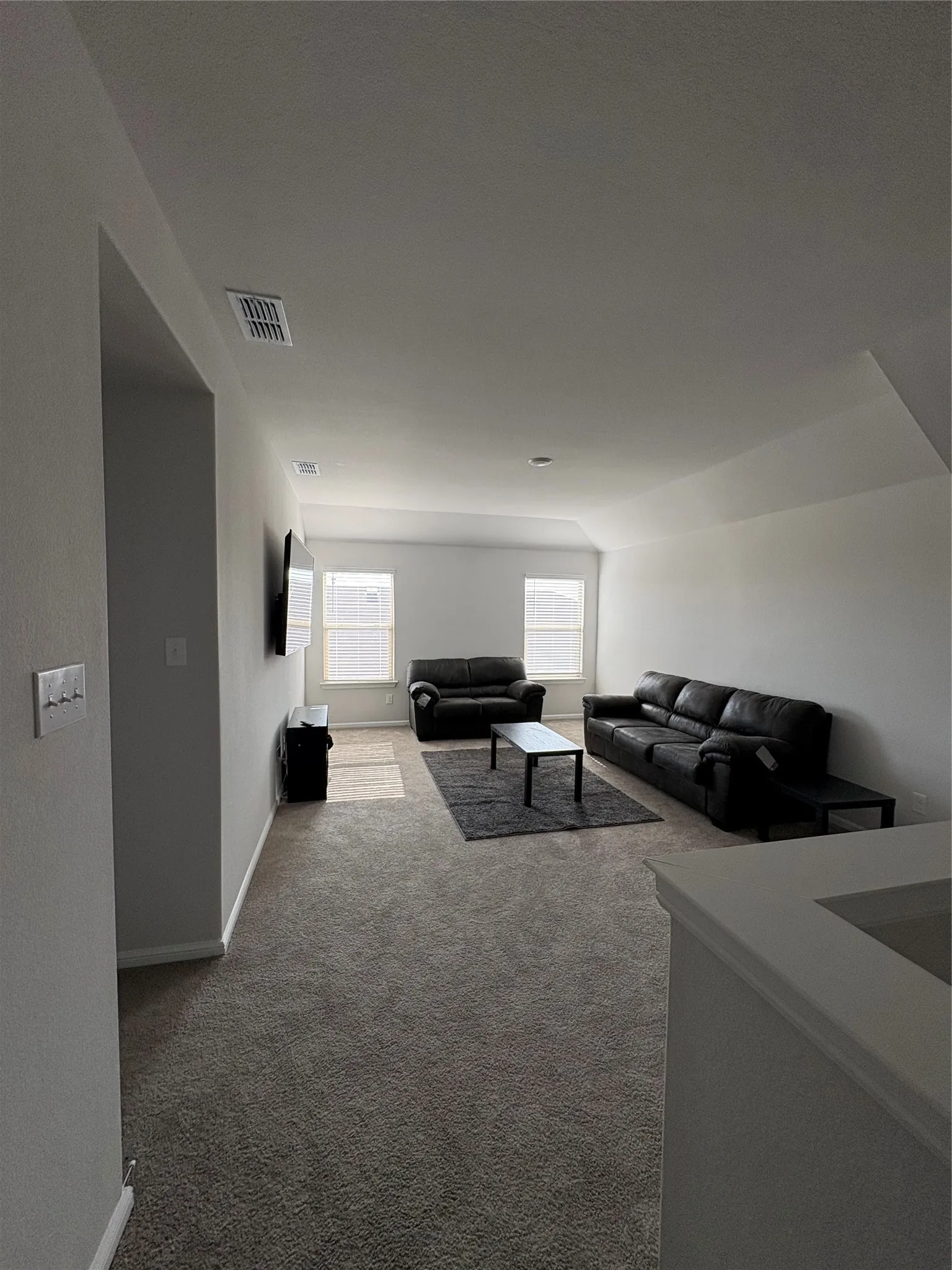 Carpeted living area featuring multiple windows and a coved ceiling detail