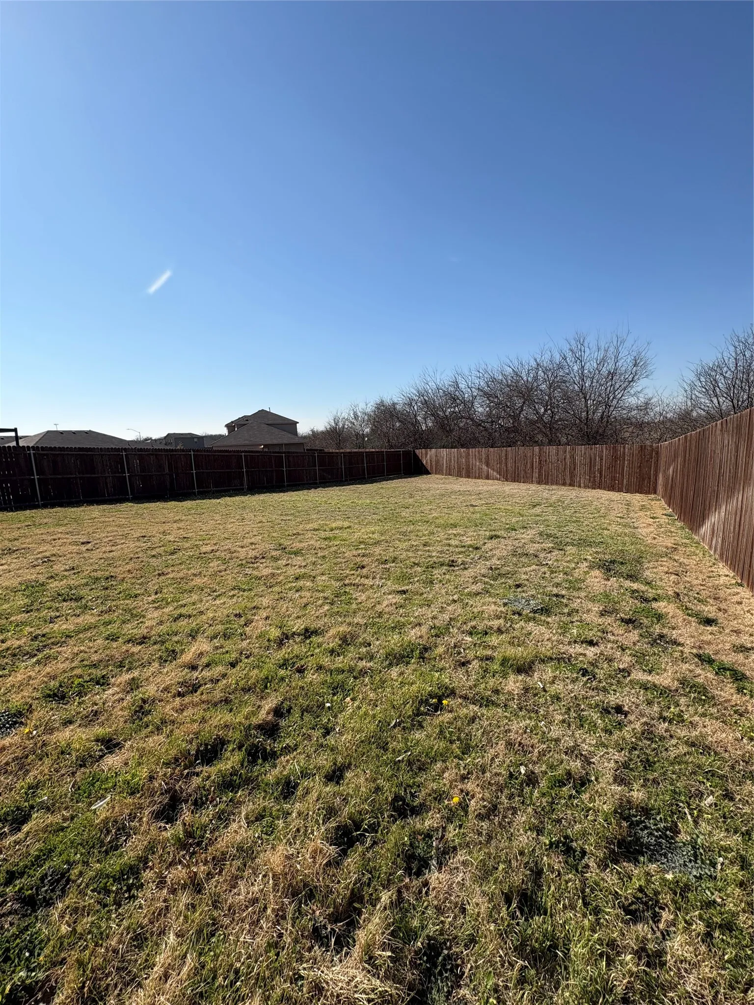 Expansive grassy yard area with perimeter fencing