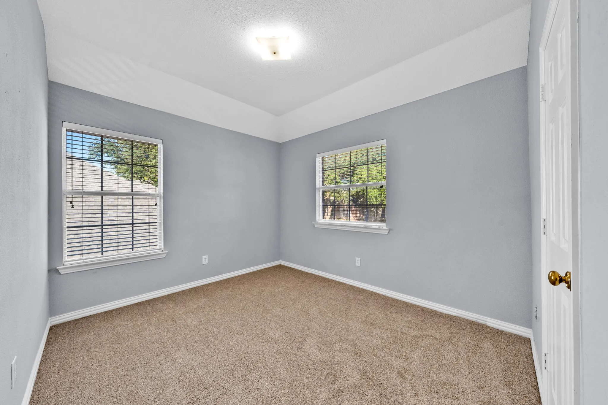 Carpeted flooring, two windows with blinds, light blue walls, white trim, and a ceiling-mounted light fixture