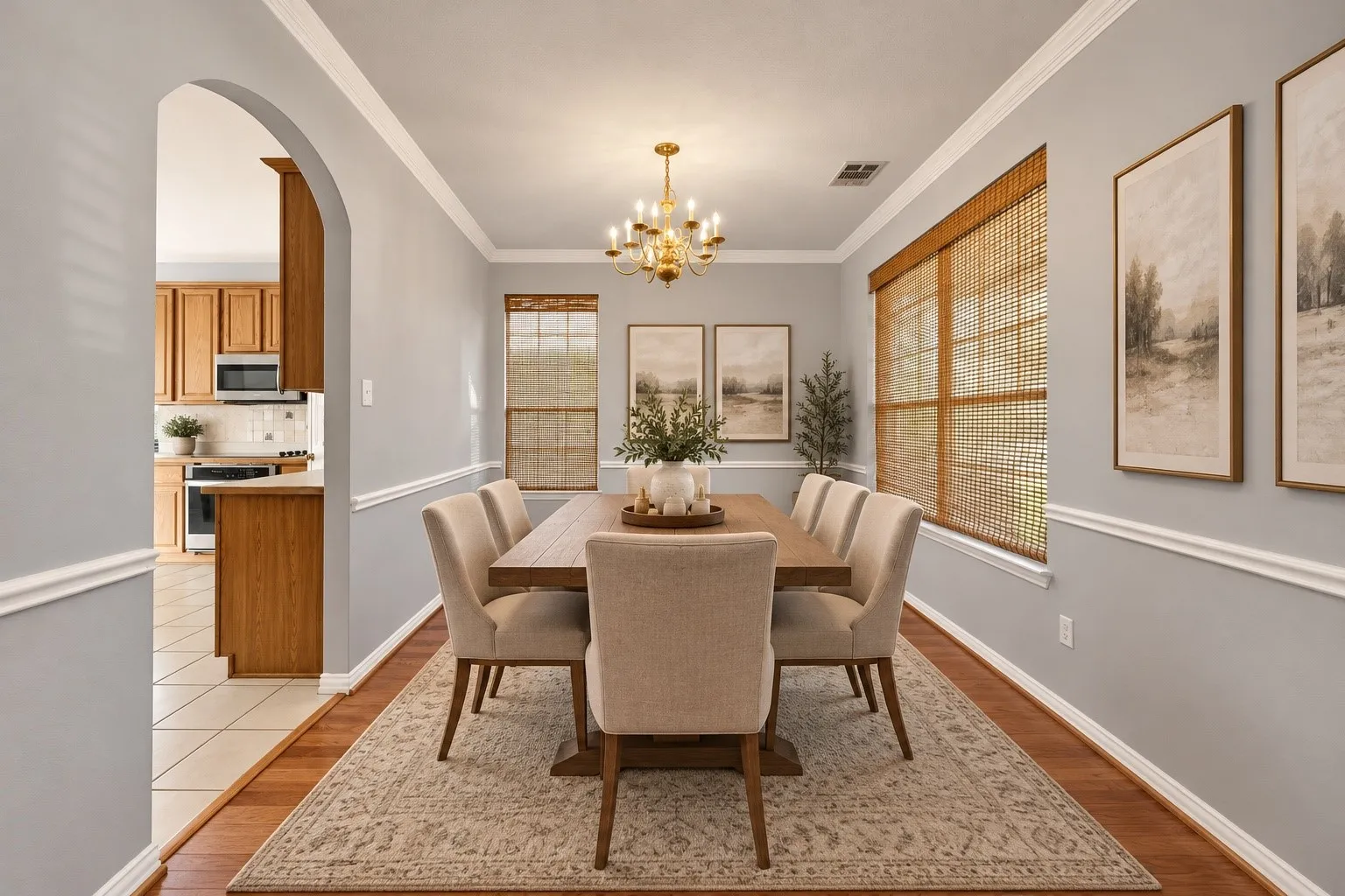 Hardwood-style flooring throughout, crown molding, chair rail detailing, recessed ceiling, and an arched entryway