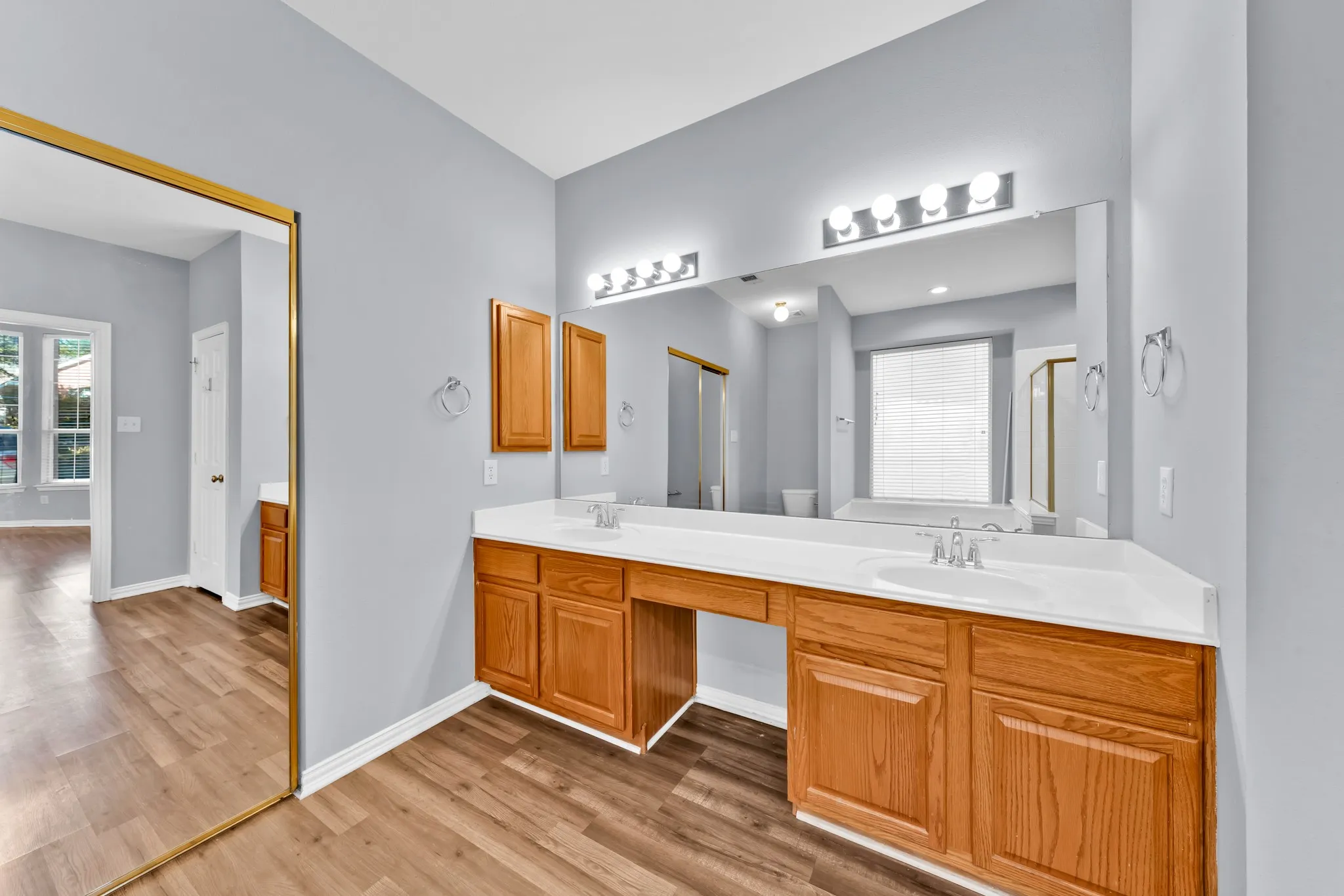 Vanity with dual sinks, overhead lighting, wood-finish flooring, and built-in cabinetry