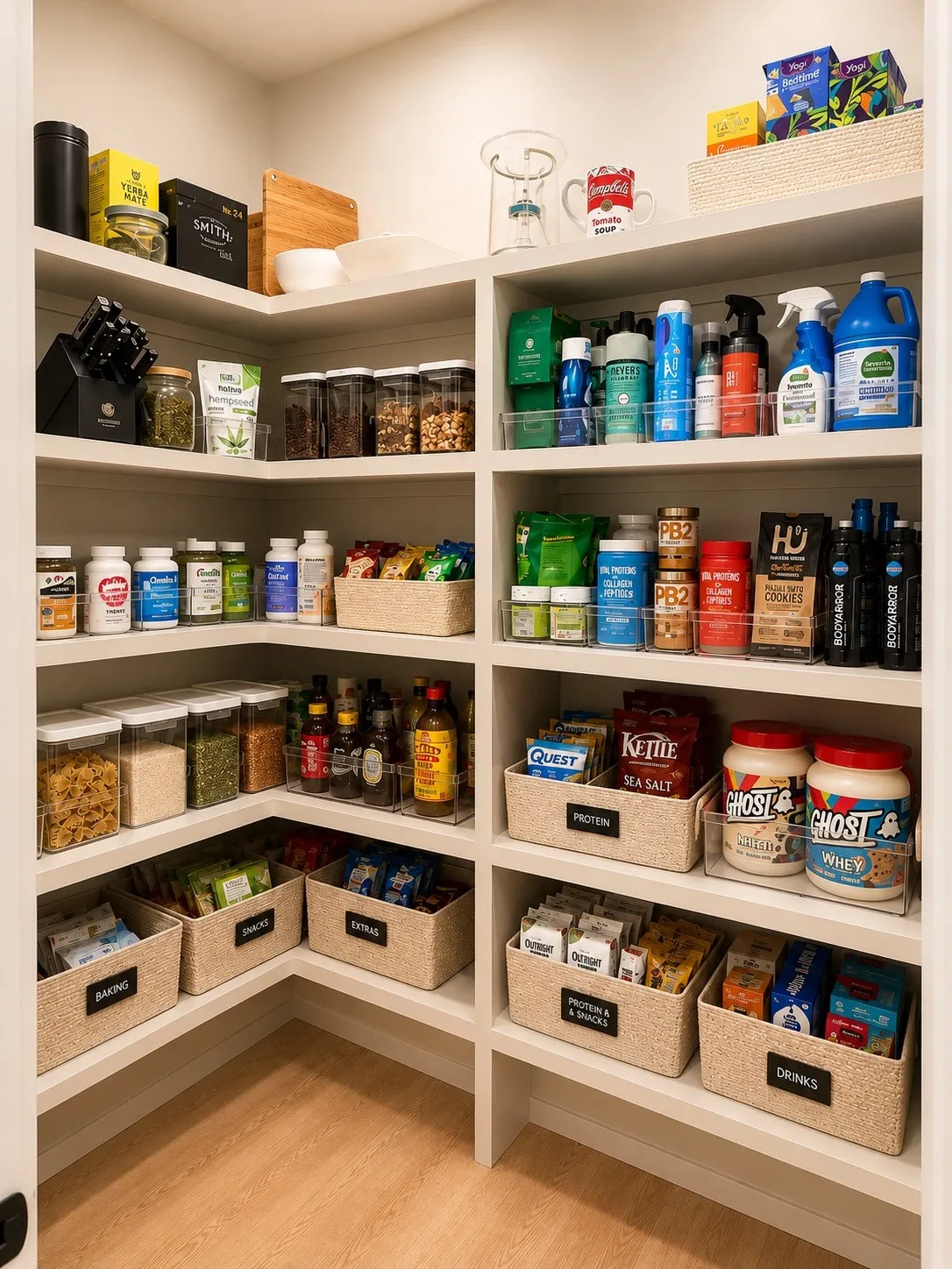 Custom built-in pantry shelving provides expansive storage