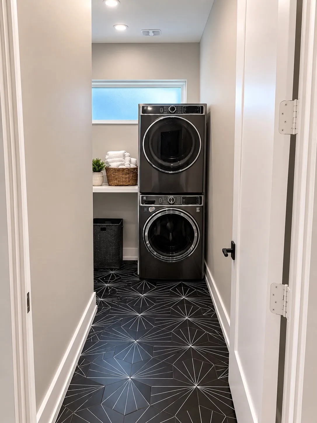 Laundry area featuring black patterned tile flooring, a built-in shelf, and a frosted window