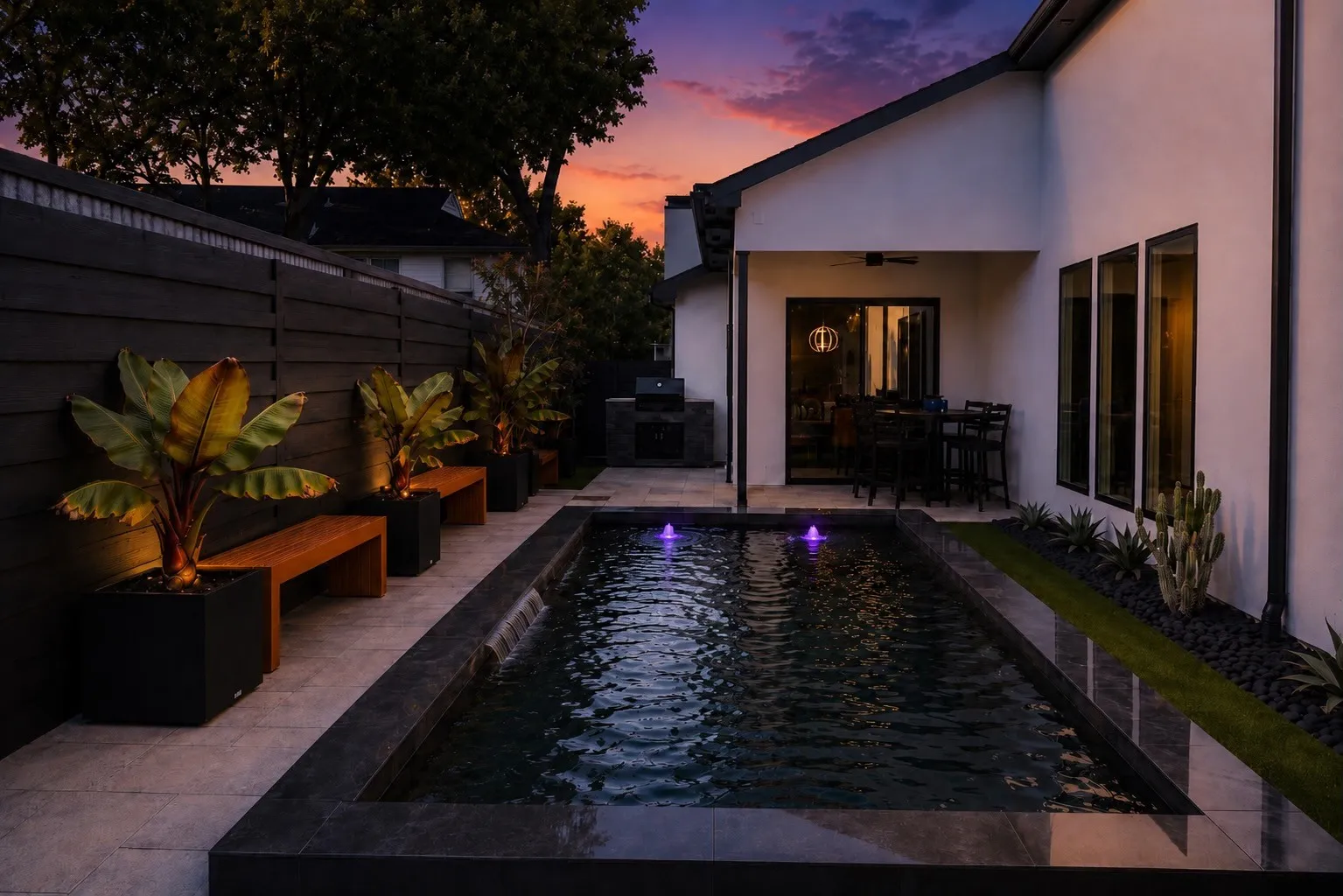 Private backyard featuring a rectangular pool with water features, a covered patio, an outdoor kitchen, a dark-stained privacy fence, and a landscaped perimeter