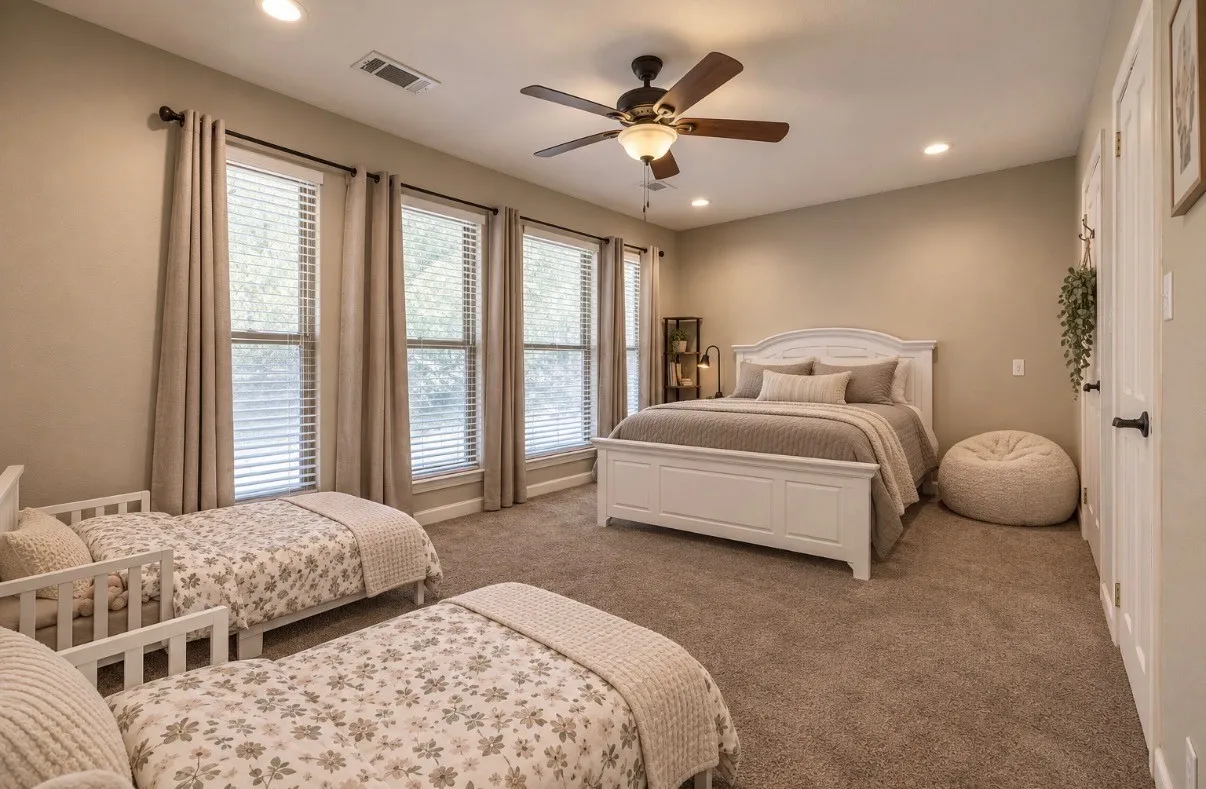 Recessed lighting, ceiling fan, multiple windows with blinds, and carpet flooring