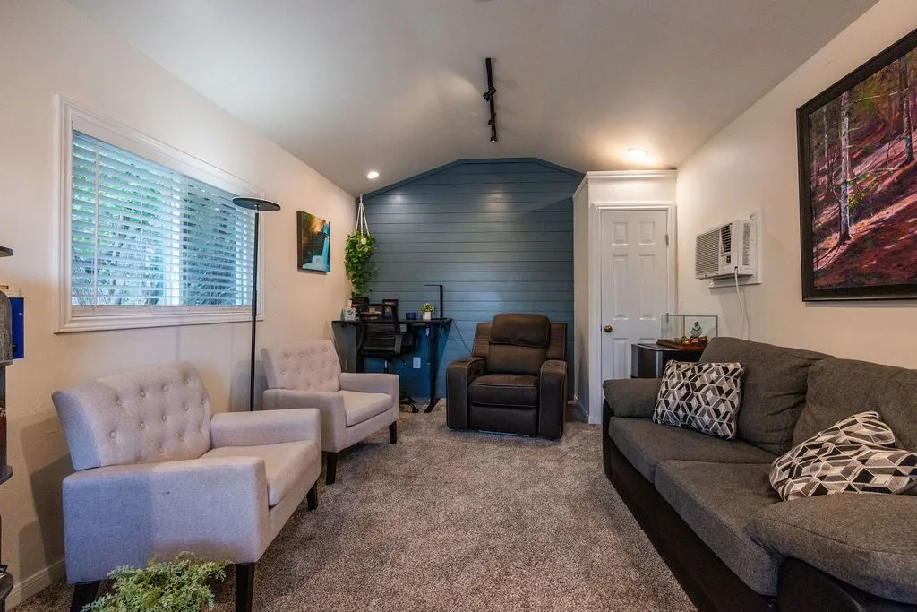 Carpeted living space with a window featuring blinds, track lighting, and a paneled accent wall
