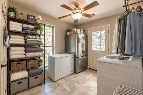Tiled flooring, overhead ceiling fan, natural light from a window, and a glass-paned door