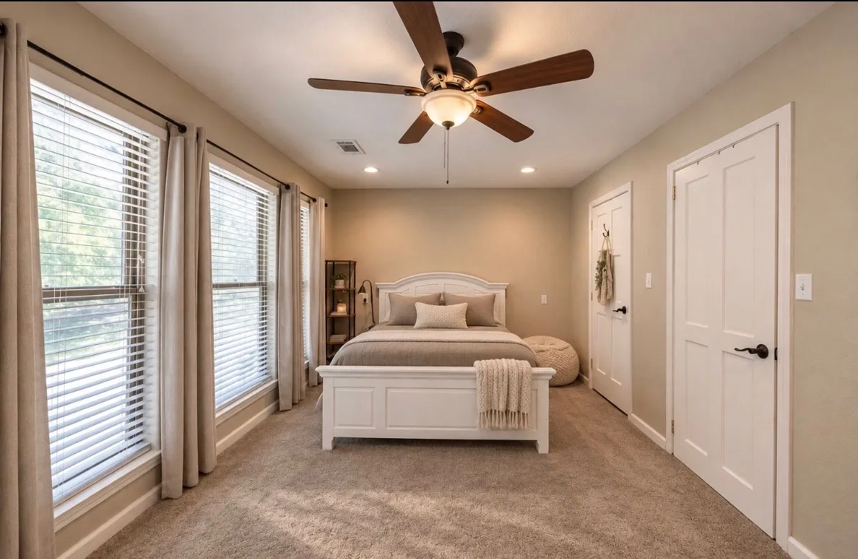Dual windows with blinds, recessed lighting, ceiling fan with light fixture, and two panel interior doors