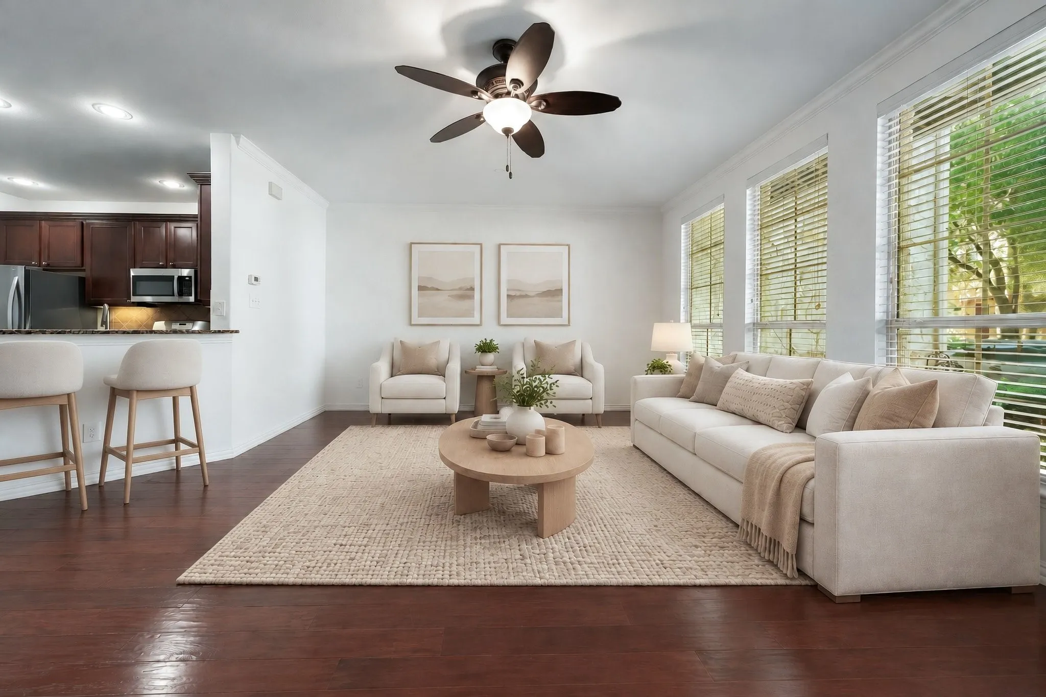 Virtually staged, Large Living Room.