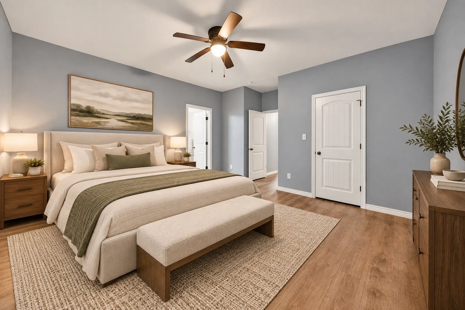 Wood-finish flooring with a ceiling fan light fixture