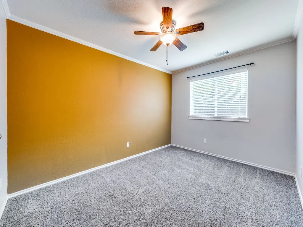 Carpeted room with a ceiling fan light fixture, crown molding, and window with blinds